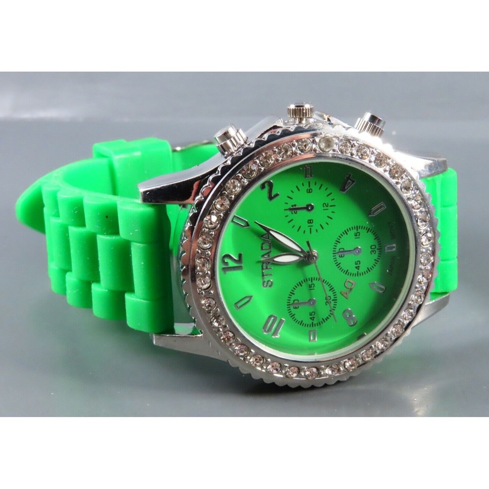 STRADA WRIST WATCH Green Silicone Sport Band SILVER w/CLEAR CRYSTALS Big Dial